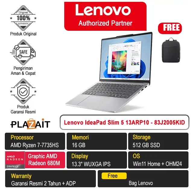 Lenovo IdeaPad Slim 5 13ARP10 - 83J2005KID /AMD Ryzen 7-7735HS/16GB/512GB SSD/AMD Radeon 680M Graphics/13.3" WUXGA IPS/Win 11 Home+OH24+M365/Cloud Grey/2Y