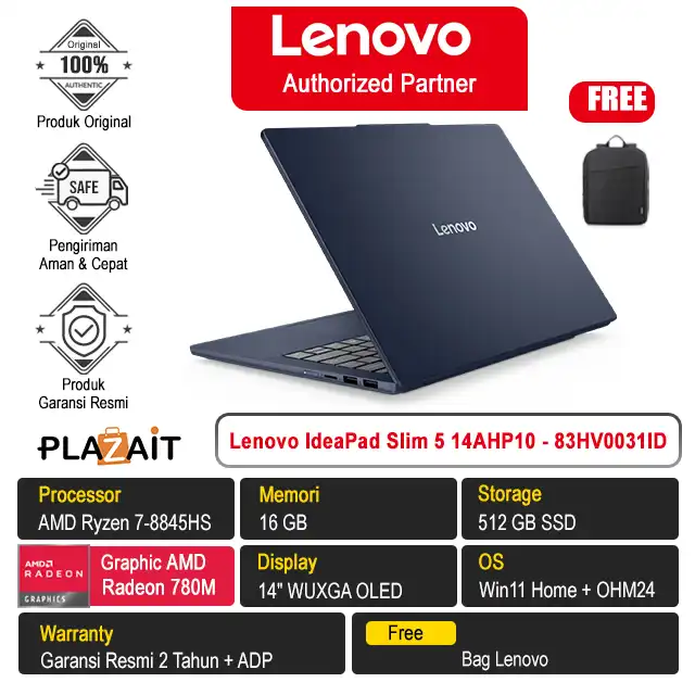 Lenovo IdeaPad Slim 5 14AHP10 - 83HV0031ID /AMD Ryzen 7-8845HS/16GB/512GB SSD/AMD Radeon 780M Graphics/14" WUXGA OLED/Win 11 Home+OH24+M365/Cosmic Blue/2Y