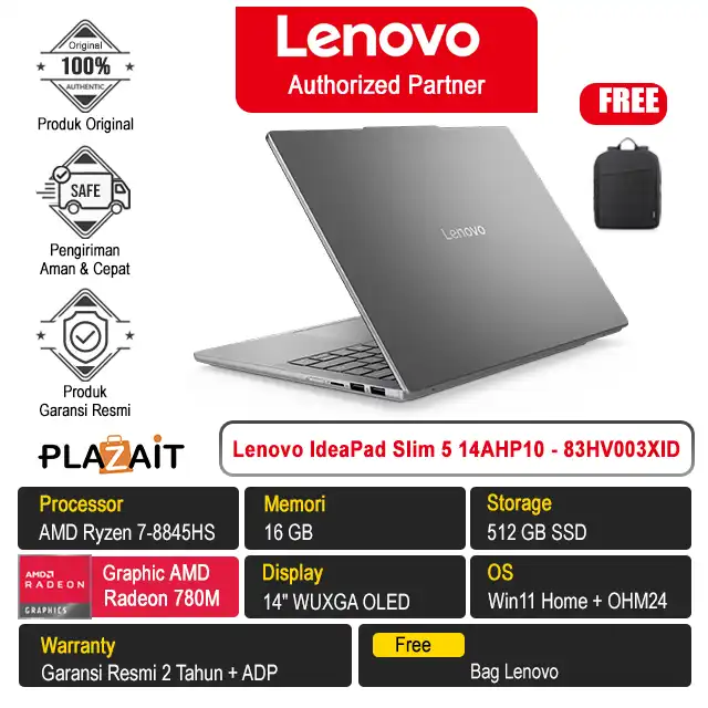Lenovo IdeaPad Slim 5 14AHP10 - 83HV003XID /AMD Ryzen 7-8845HS/16GB/512GB SSD/AMD Radeon 780M Graphics/14" WUXGA OLED/Win 11 Home+OH24+M365/Luna Grey/2Y