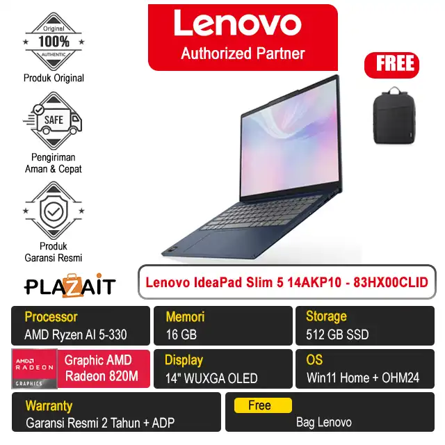 Lenovo IdeaPad Slim 5 14AKP10 - 83HX00CLID /AMD Ryzen AI 5-330/16GB/512GB SSD/AMD Radeon Graphics/14" WUXGA OLED/Win 11 Home+OH24+M365/Cosmic Blue/2Y