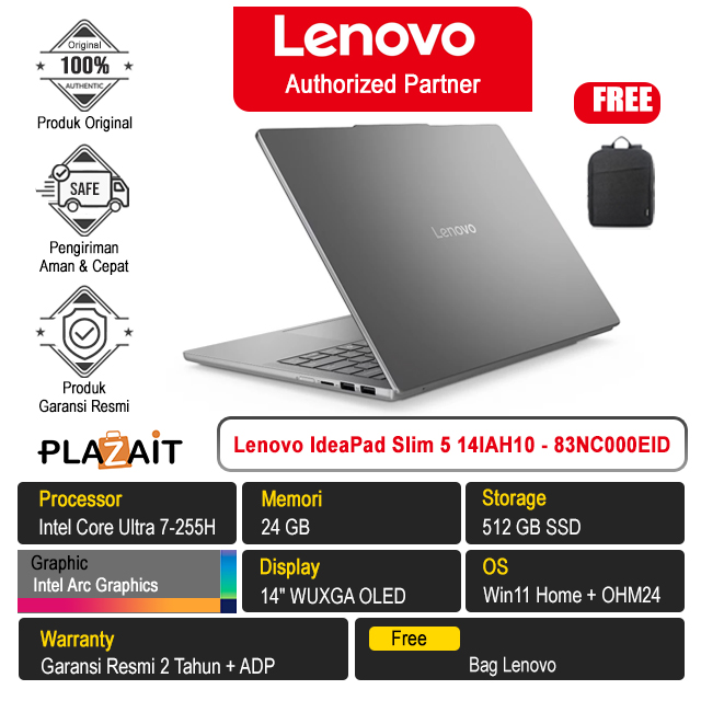Lenovo IdeaPad Slim 5 14IAH10 - 83NC000EID /Intel Core Ultra 7-255H/24GB/512GB SSD/Intel Arc Graphics/14" WUXGA OLED/Win 11 Home+OH24+M365/Luna Grey/2Y