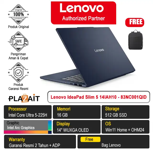 Lenovo IdeaPad Slim 5 14IAH10 - 83NC001QID /Intel Core Ultra 5-225H/16GB/512GB SSD/Intel Arc Graphics/14" WUXGA OLED/Win 11 Home+OH24+M365/Cosmic Blue/2Y