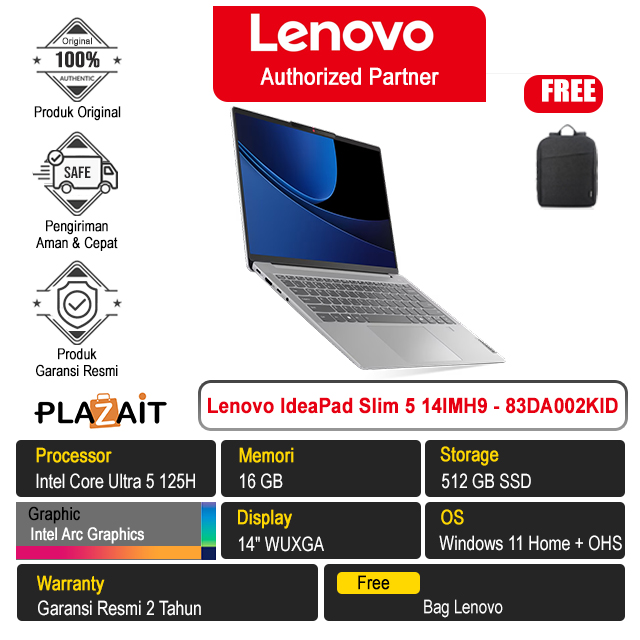 Lenovo IdeaPad Slim 5 14IMH9 - 83DA002KID /Intel Core Ultra 5 125H/16GB/512GB SSD/Intel Arc Graphics/14″ WUXGA/Win 11 Home+OHS 2021/Cloud Grey/2Y