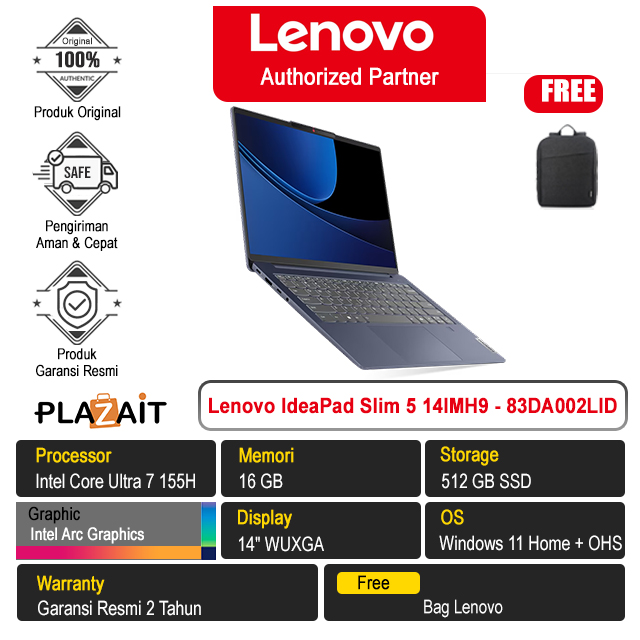 Lenovo IdeaPad Slim 5 14IMH9 - 83DA002LID /Intel Core Ultra 7 155H/16GB/512GB SSD/Intel Arc Graphics/14″ WUXGA/Win 11 Home+OHS 2021/Abyss Blue/2Y