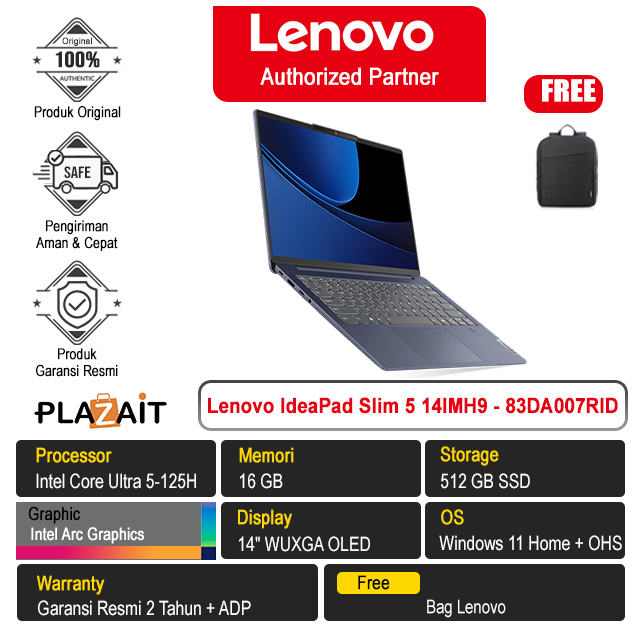 Lenovo IdeaPad Slim 5 14IMH9 - 83DA007RID /Intel Core Ultra 5-125H/16GB/512GB SSD/Intel Arc Graphics/14″ WUXGA OLED/Win 11 Home+OHS 2021/Abyss Blue/2Y