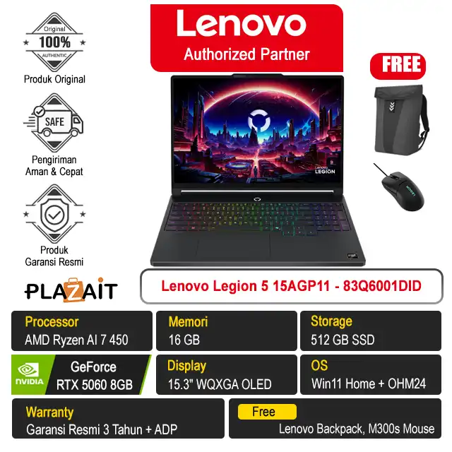 Lenovo Legion 5 15AGP11 - 83Q6001DID /AMD Ryzen AI 7 450/16GB/512GB SSD/RTX5060 8GB/15.3" WQXGA/Win 11 Home+OH24+M365/Eclipse Black/3Y