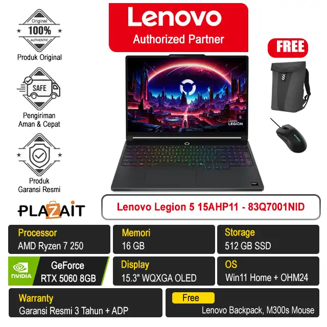 Lenovo Legion 5 15AHP11 - 83Q7001NID /AMD Ryzen 7 250/16GB/512GB SSD/RTX5060 8GB/15.3" WQXGA/Win 11 Home+OH24+M365/Eclipse Black/3Y