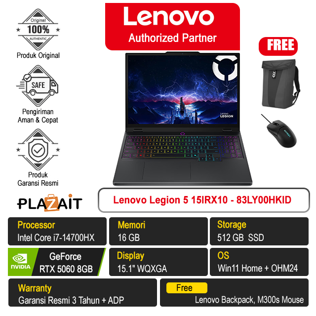 Lenovo Legion 5 15IRX10 - 83LY00HKID /Intel Core i7-14700HX/16GB/512GB SSD/RTX5060 8GB/15.1" WQXGA/Win 11 Home+OH24+M365/Eclipse Black/3Y