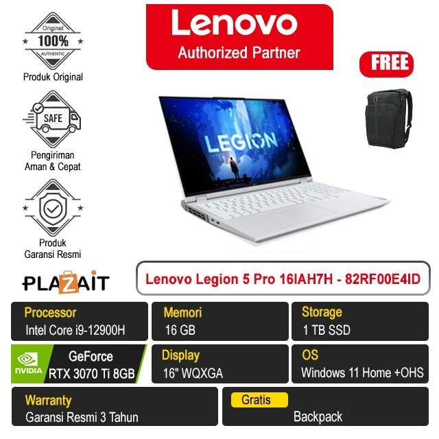 Lenovo Legion 5 Pro 16IAH7H - 82RF00E4ID/Intel Core i9-12900H/16GB/1TB SSD/RTX3070Ti 8GB/16″ WQXGA/Win 11 Home+OHS 2021/Glacier White/3Y