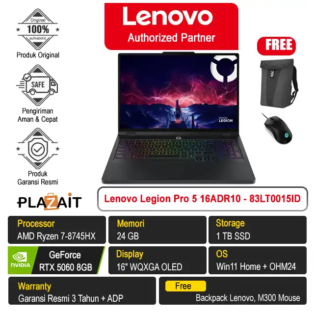 Lenovo Legion Pro 5 16ADR10 - 83LT0015ID /AMD Ryzen 7-8745HX/24GB/1TB SSD/RTX5060 8GB/16″ WQXGA/Win 11 Home+OH24+M365/Eclipse Black/3Y
