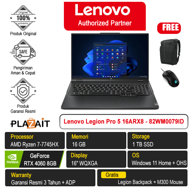 Lenovo Legion Pro 5 16ARX8 - 82WM0079ID /AMD Ryzen 7-7745HX/16GB/1TB SSD/RTX4060 8GB/16″ WQXGA/Win 11 Home+OHS 2021/Onyx Grey/3Y