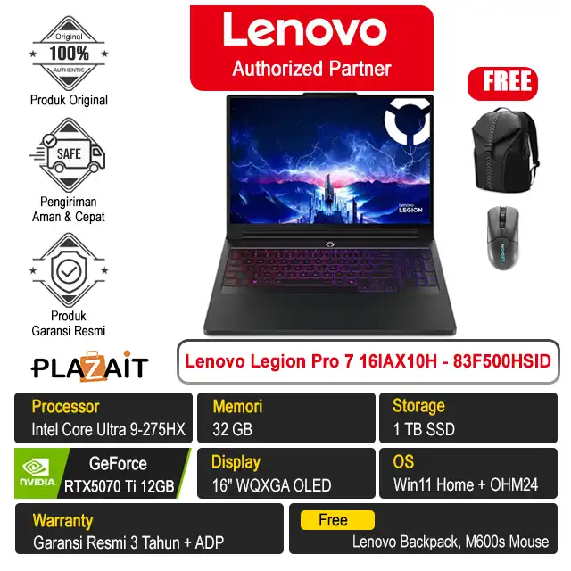 Lenovo Legion Pro 7 16IAX10H - 83F500HSID /Intel Core Ultra 9-275HX/32GB/1TB SSD/RTX5070 Ti 12GB/16" WQXGA/Win 11 Home+OH24+M365/Eclipse Black/3Y