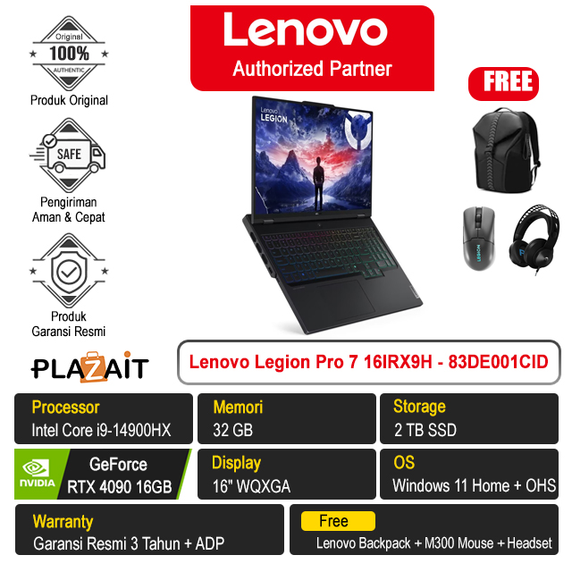 Lenovo Legion Pro 7 16IRX9H - 83DE001CID /Intel Core i9-14900HX/32GB/2TB SSD/RTX4090 16GB/16″ WQXGA/Win 11 Home+OHS 2021/Eclipse Black/3Y