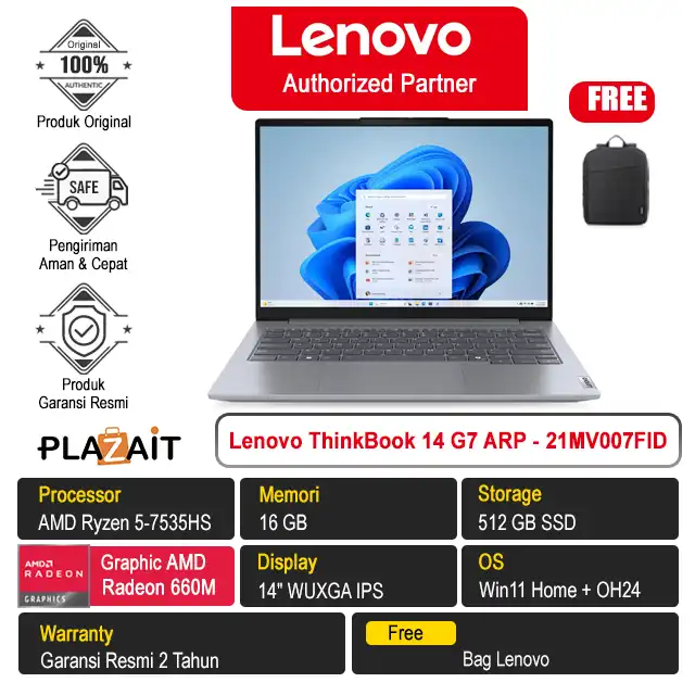 Lenovo ThinkBook 14 G7 ARP 7FID /AMD Ryzen 5-7535HS/16GB/512GB SSD/AMD Radeon Graphics/14" WUXGA/Win 11 Home+OH24/Arctic Grey/2Y
