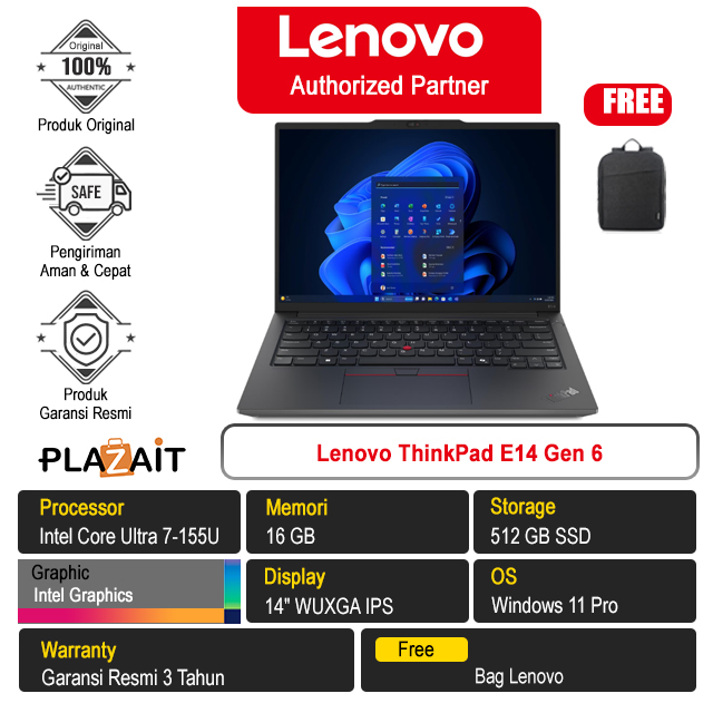 Lenovo ThinkPad E14 Gen 6 /Intel Core Ultra 7-155U/16GB/512GB SSD/Intel Graphics/14" WUXGA/Win 11 Pro/Black/3Y