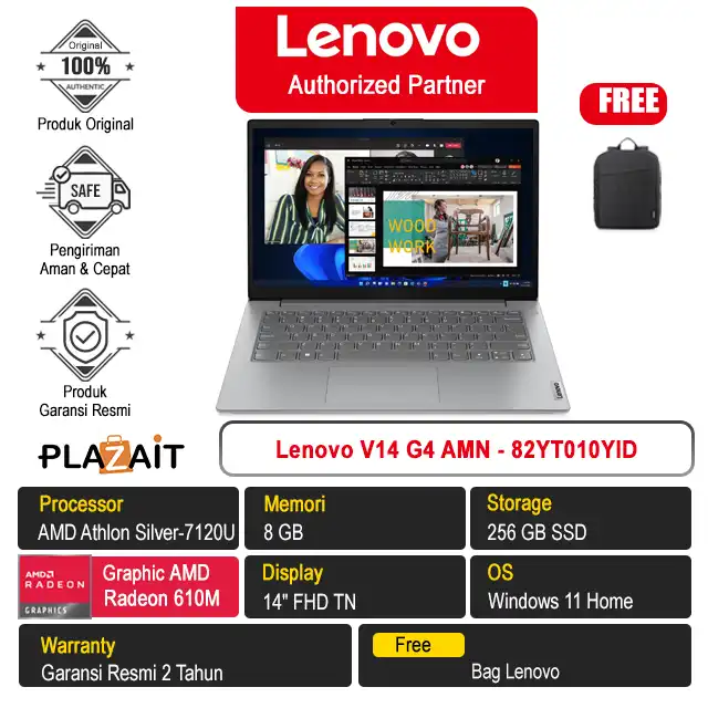 Lenovo V14 G4 AMN - 82YT010YID /AMD Athlon Silver-7120U/8GB/256GB SSD/AMD Radeon Graphics/14" FHD TN/Win 11 Home/Arctic Grey/2Y