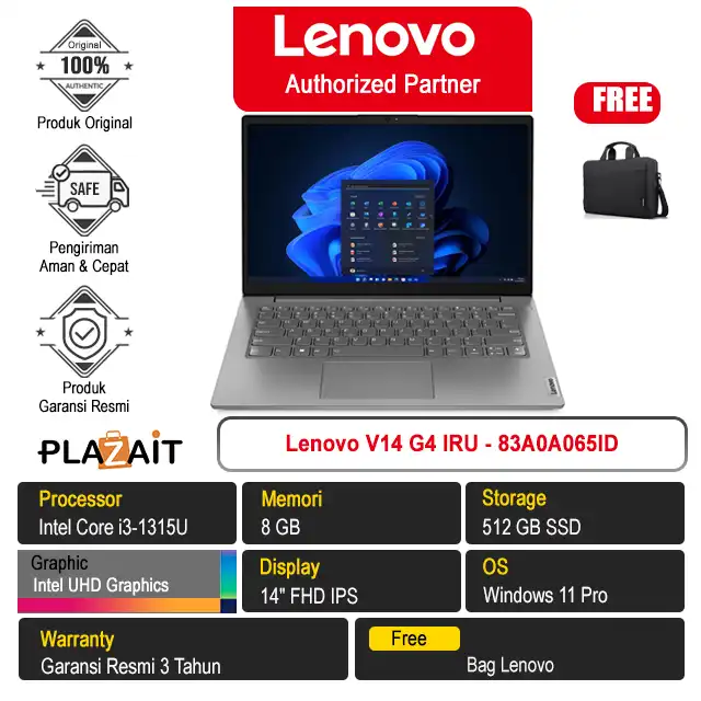 Lenovo V14 G4 IRU - 83A0A065ID /Intel Core i3-1315U/8GB/512GB SSD/Intel UHD Graphics/14" FHD IPS/Windows 11 Pro/Iron Grey/2Y
