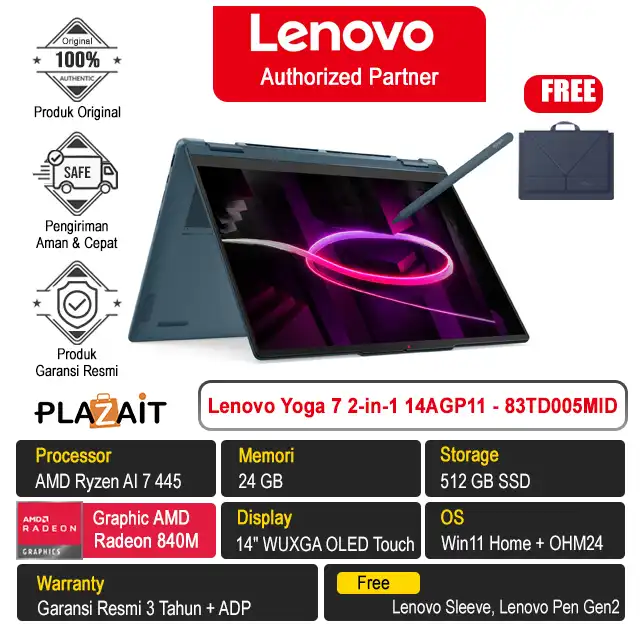 Lenovo Yoga 7 2-in-1 14AGP11 - 83TD005MID /AMD Ryzen AI 7-445/24GB/512GB SSD/AMD Radeon Graphics/14" WUXGA OLED Touch/Win 11 Home+OH24+M365/Tidal Teal/3Y
