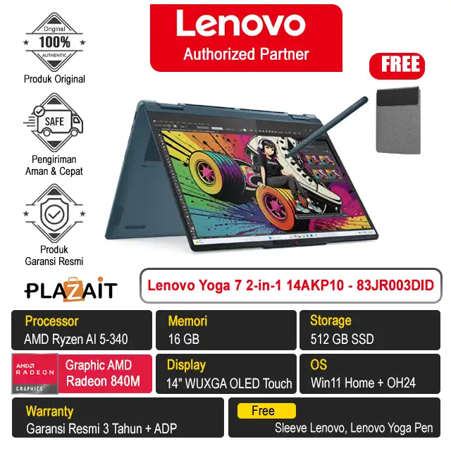 Lenovo Yoga 7 2-in-1 14AKP10 - 83JR003DID /AMD Ryzen AI 5-340/16GB/512GB SSD/AMD Radeon Graphics/14" WUXGA OLED Touch/Win 11 Home+OH24/Tidal Teal/3Y