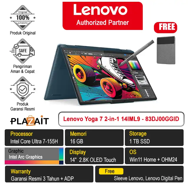 Lenovo Yoga 7 2-in-1 14IML9 - 83DJ00GGID /Intel Core Ultra 7-155H/16GB/1TB SSD/Intel Arc Graphics/14" 2.8K OLED Touch/Win 11 Home+OH24+M365/Tidal Teal/3Y