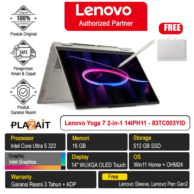 Lenovo Yoga 7 2-in-1 14IPH11 Aura Edition - 83TC003YID /Intel Core Ultra 5-322/16GB/512GB SSD/Intel Graphics/14" WUXGA OLED Touch/Win 11 Home+OH24+M365/Seashell/3Y