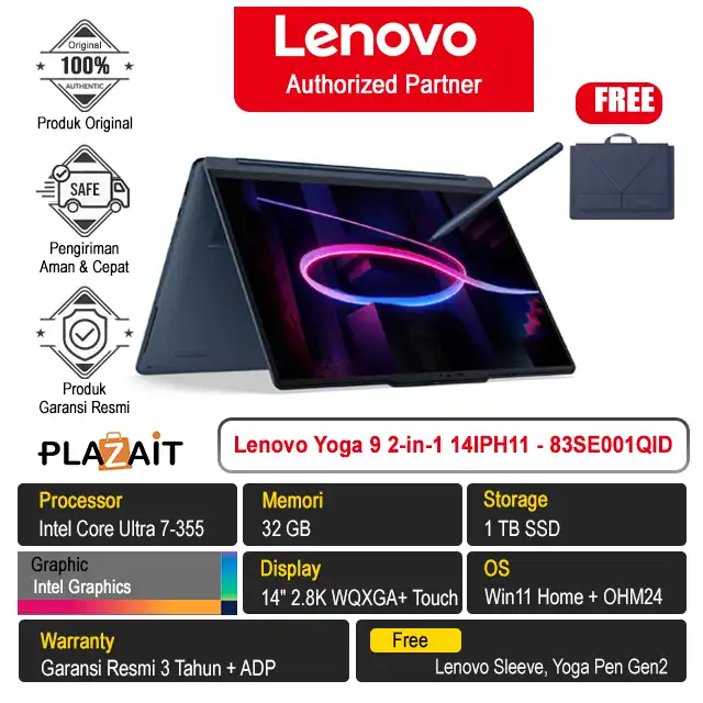 Lenovo Yoga 9 2-in-1 14IPH11 - 83SE001QID /Intel Core Ultra 7-355/32GB/1TB SSD/Intel Graphics/14" 2.8K WQXGA+ Touch/Win 11 Home+OH24+M365/Cosmic Blue/3Y