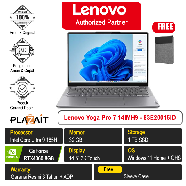 Lenovo Yoga Pro 7 14IMH9 - 83E20015ID /Intel Core Ultra 9 185H/32GB/1TB SSD/RTX4060 8GB/14.5″ 3K Touch/Win 11 Home+OHS 2021/Luna Grey/3Y