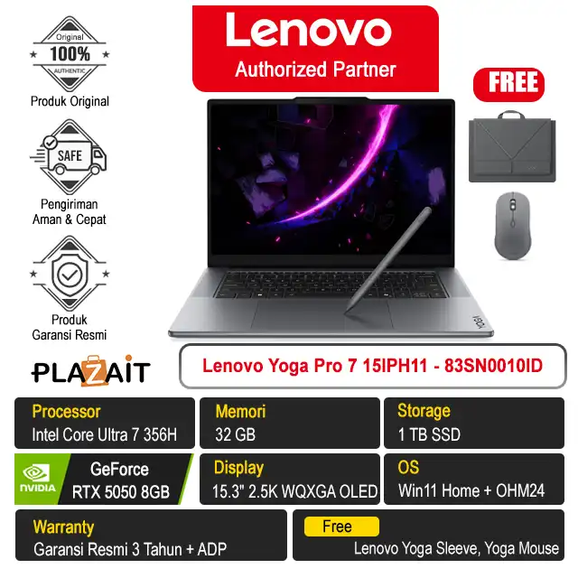 Lenovo Yoga Pro 7 15IPH11 Aura Edition - 83SN0010ID /Intel Core Ultra 7 356H/32GB/1TB SSD/RTX5050 8GB/15.3" 2.5K WQXGA OLED/Win 11 Home+OH24+M365/Luna Grey/3Y