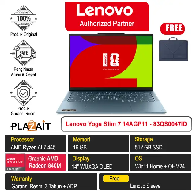 Lenovo Yoga Slim 7 14AGP11 - 83QS0047ID /AMD Ryzen AI 7 445/16GB/512GB SSD/AMD Radeon Graphics/14" WUXGA OLED/Win 11 Home+OH24+M365/Tidal Teal/3Y