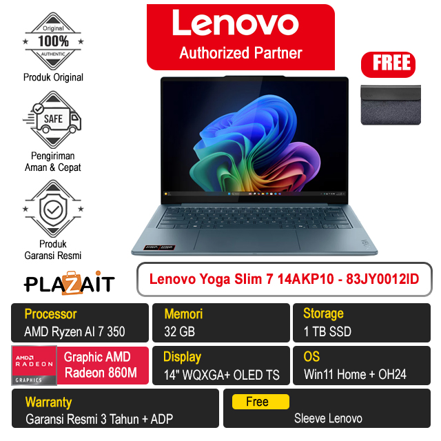 Lenovo Yoga Slim 7 14AKP10 - 83JY0012ID /AMD Ryzen AI 7 350/32GB/1TB SSD/AMD Radeon 860M Graphics/14" 2.8K WQXGA+ OLED Touch/Win 11 Home+OH24/Tidal Teal/3Y