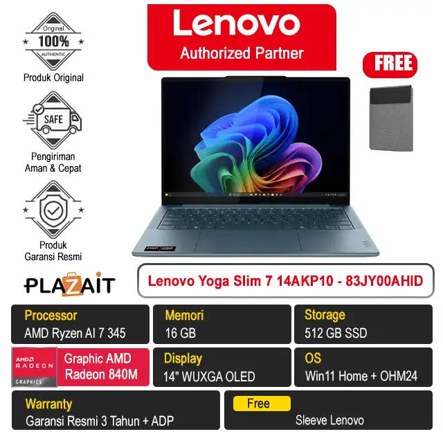 Lenovo Yoga Slim 7 14AKP10 - 83JY00AHID /AMD Ryzen AI 7 345/16GB/512GB SSD/AMD Radeon Graphics/14" WUXGA OLED/Win 11 Home+OH24+M365/Tidal Teal/3Y