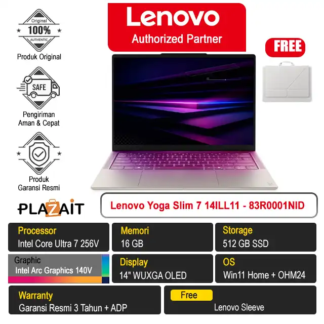 Lenovo Yoga Slim 7 14ILL11 Aura Edition - 83R0001NID /Intel Core Ultra 7 256V/16GB/512GB SSD/Intel Arc Graphics/14" WUXGA OLED/Win 11 Home+OH24+M365/Seashell/3Y