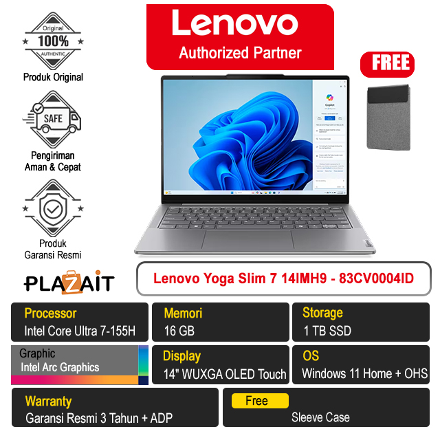 Lenovo Yoga Slim 7 14IMH9 - 83CV0004ID /Intel Core Ultra 7-155H/16GB/1TB SSD/Intel Arc Graphics/14″ WUXGA OLED Touch/Win 11 Home+OHS 2021/Luna Grey/3Y