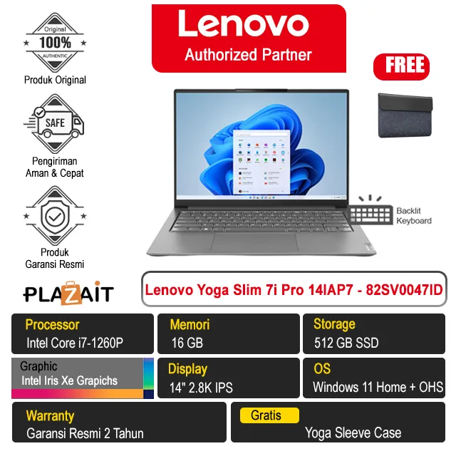 Lenovo Yoga Slim 7i Pro 14IAP7 - 82SV0047ID /Intel Core i7-1260P /16GB/512GB SSD/Intel Iris Xe Graphics/14″ 2.8K/Win 11 Home + OHS 2021/Storm Grey/2Y