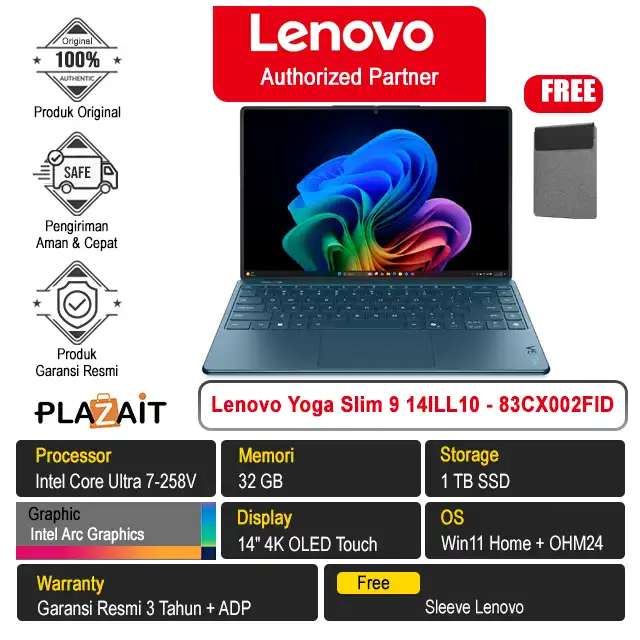 Lenovo Yoga Slim 9 14ILL10 - 83CX002FID /Intel Core Ultra 7-258V/32GB/1TB SSD/Intel Arc Graphics/14" 4K OLED Touch/Win 11 Home+OH24+M365/Tidal Teal/3Y