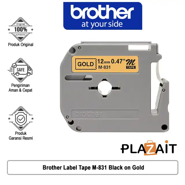 Brother Label Tape M-831 Cassete Laminated 12mm Thermal Black on Gold