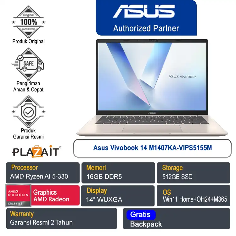 Asus Vivobook 14 M1407KA-VIPS5155M /AMD Ryzen AI 5-340/16GB/512GB SSD/AMD Radeon Graphics/14" WUXGA/Win 11 Home+OH24+M365/Platinum Gold/2Y