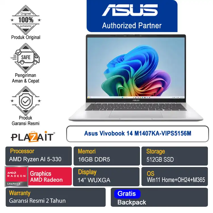 Asus Vivobook 14 M1407KA-VIPS5156M /AMD Ryzen AI 5-340/16GB/512GB SSD/AMD Radeon Graphics/14" WUXGA/Win 11 Home+OH24+M365/Cool Silver/2Y