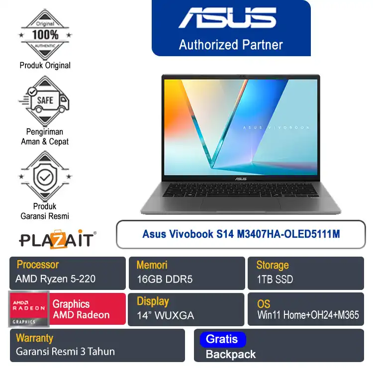 Asus Vivobook S14 M3407HA-OLED5111M /AMD Ryzen 5-220/16GB/1TB SSD/AMD Radeon Graphics/14" WUXGA/Win 11 Home+OH24+M365/Matte Gray/3Y