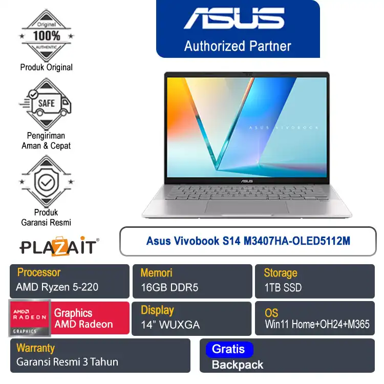 Asus Vivobook S14 M3407HA-OLED5112M /AMD Ryzen 5-220/16GB/1TB SSD/AMD Radeon Graphics/14" WUXGA/Win 11 Home+OH24+M365/Cool Silver/3Y