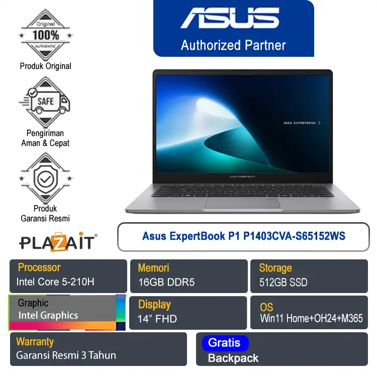 Asus ExpertBook P1 P1403CVA-S65152WS /Intel Core 5-210H/16GB/512GB SSD/Intel Graphics/14" FHD/Win 11 Home+OH24+M365/Misty Grey/3Y