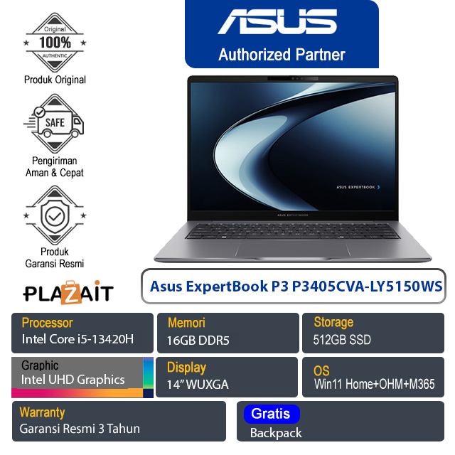 Asus ExpertBook P3 P3405CVA-LY5150WS /Intel Core i5-13420H/16GB/512GB SSD/Intel UHD Graphics/14" WUXGA/Win 11 Home+OHM+M365/Misty Grey/3Y