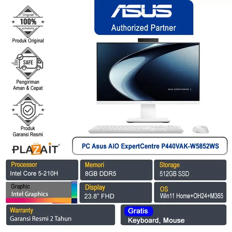 PC Asus All In One ExpertCenter P440VAK-W5852WS /Intel Core 5-210H/8GB/512GB SSD/Intel Graphics/23.8" FHD/Win 11 Home+OH24+M365/White/2Y