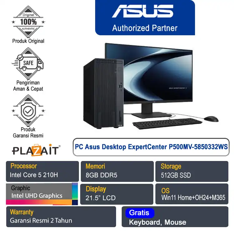 PC Asus Desktop ExpertCenter P500MV-5850332WS /Intel Core 5-210H/8GB/512GB SSD/Intel UHD Graphics/21.5" LCD/Win 11 Home+OH24+M365 /Gray/2Y