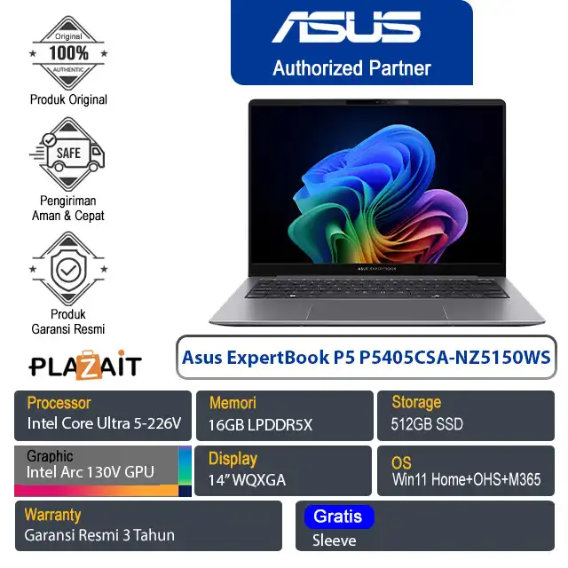 Asus ExpertBook P5 P5405CSA-NZ5150WS /Intel Core Ultra 5-226V/16GB/512GB SSD/Intel Arc 130V/14" WQXGA/Win 11 Home+OHM+M365/Misty Grey/3Y