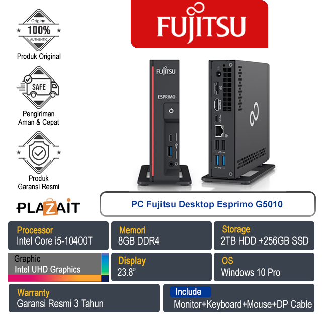 PC Fujitsu Desktop Esprimo G5010 /Intel Core i5-10400T/8GB/2TB HDD + 256GB SSD/Intel UHD Graphics/23.8"/Windows 10 Pro/3Y