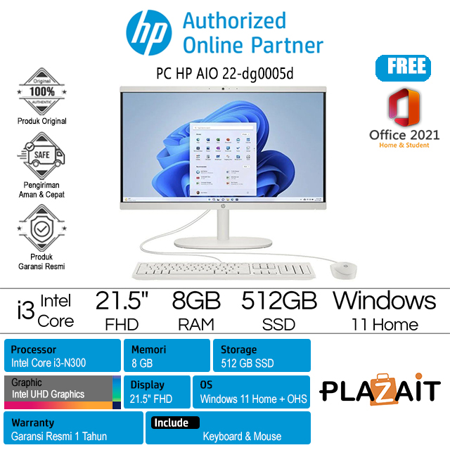 PC HP AIO 22-dg0005d - 9X824PA /Intel Core i3-N300/8GB/512GB SSD/Intel UHD Graphics/21.5″ FHD/Win 11 Home+OHS 2021/White/1Y