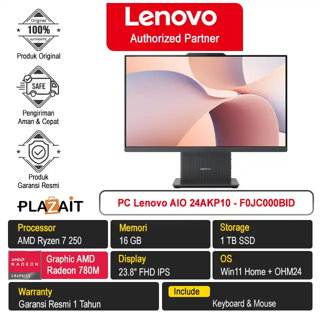 PC Lenovo AIO 24AKP10 - F0JC000BID /AMD Ryzen 7-250/16GB/1TB SSD/AMD Radeon Graphics/23.8" FHD/Win 11 Home+OH24+M365/Luna Grey/1Y