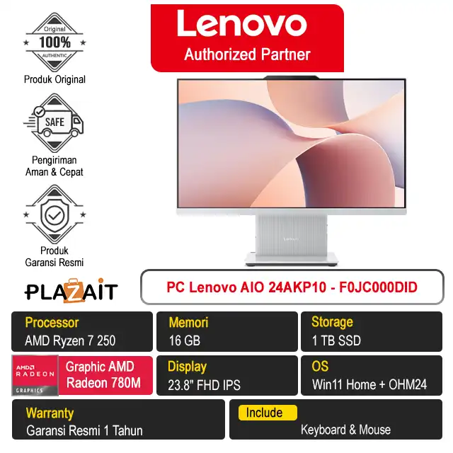 PC Lenovo AIO 24AKP10 - F0JC000DID /AMD Ryzen 7-250/16GB/1TB SSD/AMD Radeon Graphics/23.8" FHD/Win 11 Home+OH24+M365/Cloud Grey/1Y