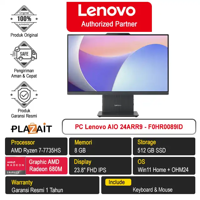 PC Lenovo AIO 24ARR9 - F0HR0089ID /AMD Ryzen 7-7735HS/8GB/512GB SSD/AMD Radeon Graphics/23.8" FHD/Win 11 Home+OH24+M365/Luna Grey/1Y
